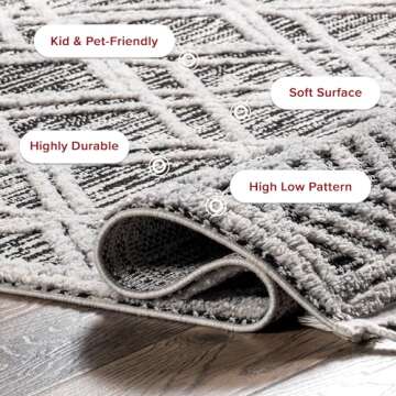 nuLOOM 8x11 Ansley Moroccan Tassel Area Rug, Grey, High-Low Textured Bohemian Design, Plush High Pile, Stain Resistant, For Bedroom, Living Room, Hallway, Entryway