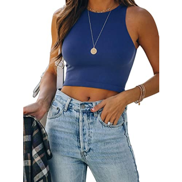 REORIA Women's Stylish Sleeveless Halter Neck Double-Lined Tank Top