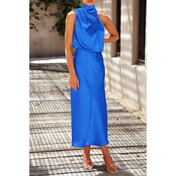 PRETTYGARDEN Women's 2025 Summer Satin Dress Elegant Sleeveless Mock Neck Cocktail Party Maxi Dresses (Brilliant Blue,Medium)