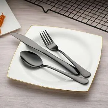 DEVICO Portable Utensils, Travel Camping Cutlery Set, 8-Piece including Knife Fork Spoon Chopsticks Cleaning Brush Straws Portable Case, Stainless Steel Flatware set (Black)