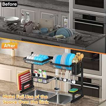 PUSDON Over Sink Dish Drying Rack Stainless Steel, Adjustable Large Dish Drainer for Storage Kitchen...