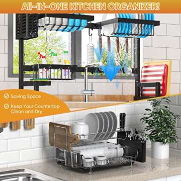 PUSDON Over Sink Dish Drying Rack Stainless Steel, Adjustable Large Dish Drainer for Storage Kitchen Organization Black 2 Tier-Simplified(26"-38")