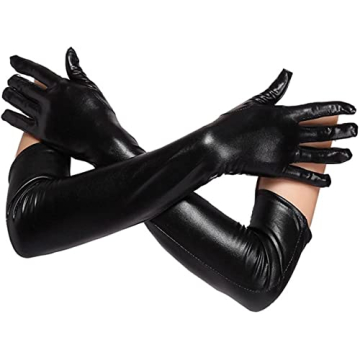 Achsoo Women's Faux Leather Sexy Long Gloves - Elbow Length Black