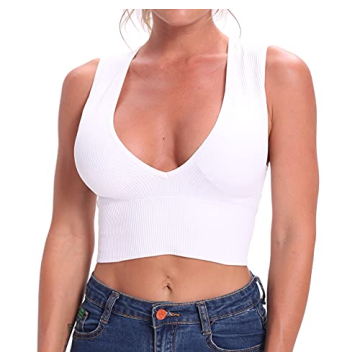 Venbond Women's Sexy Sleeveless Seamless Crop Top with Deep Plunge V Neck in White, Size 2XL