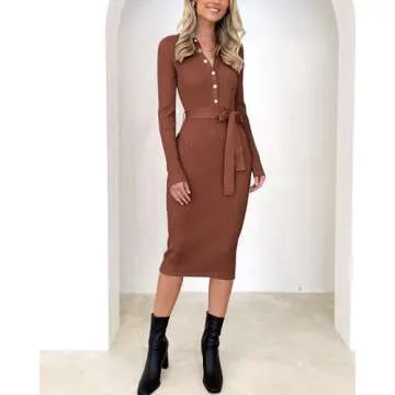 BTFBM 2024 Women V Neck Long Sleeve Bodycon Sweater Dress Button Up Tie Waist Ribbed Knit Midi Pencil Dresses with Belt(Solid Brown, Medium)