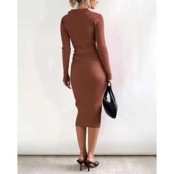 BTFBM 2024 Women V Neck Long Sleeve Bodycon Sweater Dress Button Up Tie Waist Ribbed Knit Midi Pencil Dresses with Belt(Solid Brown, Medium)