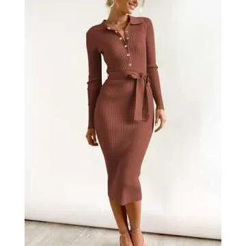 BTFBM 2024 Women V Neck Long Sleeve Bodycon Sweater Dress Button Up Tie Waist Ribbed Knit Midi Pencil Dresses with Belt(Solid Brown, Medium)
