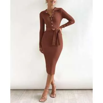 BTFBM 2024 Women V Neck Long Sleeve Bodycon Sweater Dress Button Up Tie Waist Ribbed Knit Midi Pencil Dresses with Belt(Solid Brown, Medium)