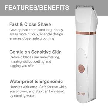OLOV Electric Body Hair Trimmer - Groin Trimmer for Men - Bikini Trimmer Women - Wet/Dry Shaver Groomer, Replaceable Ceramic Blade Heads, USB Recharge Dock, Waterproof Hygiene Razor, White