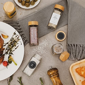 NETANY 24 Pcs Glass Spice Jars with Bamboo Lids, 4 oz Glass Jars with Minimalist Farmhouse Spice Labels Stickers, Collapsible Funnel, Seasoning Storage Bottles for Spice Rack, Cabinet, Drawer