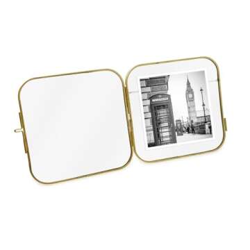 Isaac Jacobs 4x4 Vintage Style, Round-Edged Brass & Glass Metal Floating Picture Frame with Locket Closure, Made for Tabletop Display (4x4, Antique Gold)