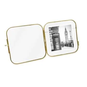 Isaac Jacobs 4x4 Vintage Style, Round-Edged Brass & Glass Metal Floating Picture Frame with Locket Closure, Made for Tabletop Display (4x4, Antique Gold)
