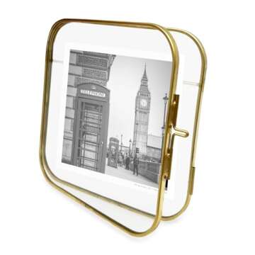 Isaac Jacobs 4x4 Vintage Style, Round-Edged Brass & Glass Metal Floating Picture Frame with Locket Closure, Made for Tabletop Display (4x4, Antique Gold)