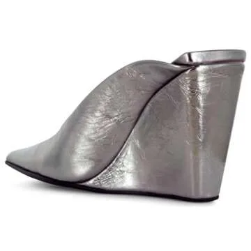 Wansseny Women Chic Pointed Toe Wedge High Heel Mules Slip On Ladies Dressy Casual Summer Shoes Size 10.5 Silver