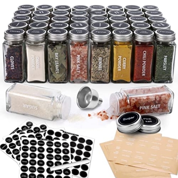40-Pack 3.5 OZ Glass Spice Jars with 324 Labels, Shaker Lids and Airtight Metal Caps, Empty Reusable...