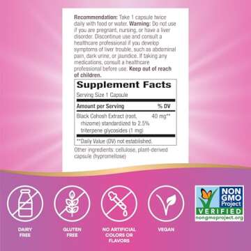 Nature's Way Premium Black Cohosh, Menopause Support for Women*, 40 mg per serving, 120 Vegan Capsules