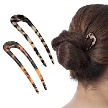 2 Pack Benefree French Style Cellulose Acetate Tortoise Shell U Shaped Hair Pins Fork 2 Prong Updo C...