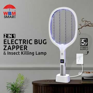 WBM SMART 2 in 1 Electric Bug Zapper, Mosquitoes Trap Lamp & Racket, USB Rechargeable Electric Fly S...