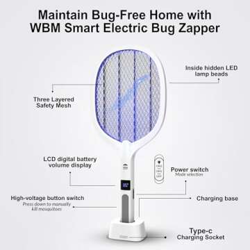 WBM SMART 2 in 1 Electric Bug Zapper, Mosquitoes Trap Lamp & Racket, USB Rechargeable Electric Fly Swatter for Home and Outdoor Powerful Grid 3-Layer Safety Mesh Safe to Touch