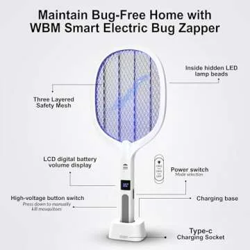 WBM SMART 2 in 1 Electric Bug Zapper, Mosquitoes Trap Lamp & Racket, USB Rechargeable Electric Fly Swatter for Home and Outdoor Powerful Grid 3-Layer Safety Mesh Safe to Touch