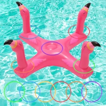 Uniqhia Inflatable Pool Ring Toss Games Toys, Floating Shark Flamingo Swimming Pool Ring with 6Pcs R...