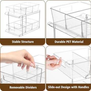 Fabspace Pull-out Home Organizer, 2 Pack 2 Tier Clear Bathroom Organizer with Dividers, Multipurpose Vanity Counter Tray, Kitchen, Closet Organizers, Cabinet & Storage Container Bins
