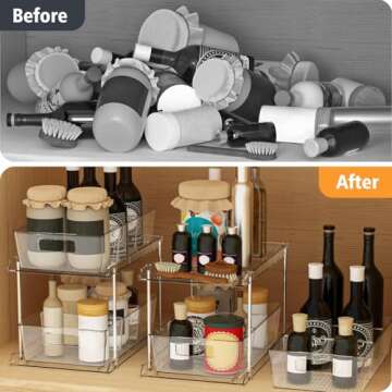 Fabspace Pull-out Home Organizer, 2 Pack 2 Tier Clear Bathroom Organizer with Dividers, Multipurpose Vanity Counter Tray, Kitchen, Closet Organizers, Cabinet & Storage Container Bins