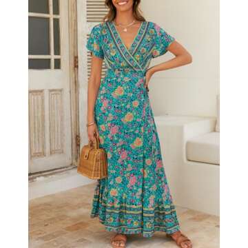 ZESICA Women's Bohemian Floral Printed Wrap V Neck Short Sleeve Split Beach Party Maxi Dress,Green,M...