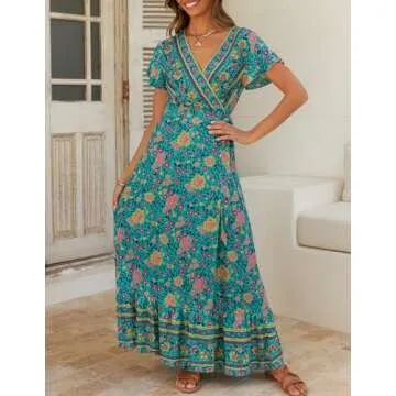 ZESICA Floral Wrap V Neck Beach Maxi Dress for Women