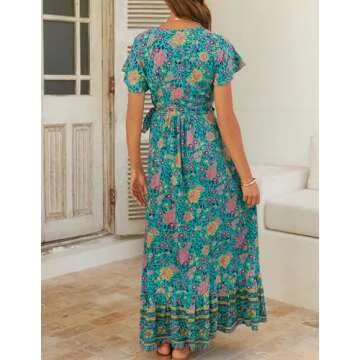 ZESICA Floral Wrap V Neck Beach Maxi Dress for Women