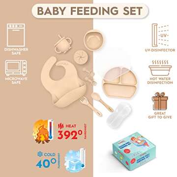 Baby Led Weaning Supplies Silicone Baby Feeding Set–11Pcs Baby Feeding Supplies with Suction Bowl and Plate, Fork, Spoon, Bib, Sippy Cup, Food-Grade Silicone Baby Utensils (Beige)