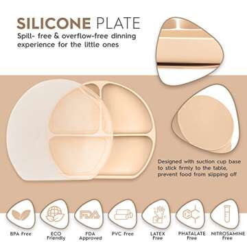 Baby Led Weaning Supplies Silicone Baby Feeding Set–11Pcs Baby Feeding Supplies with Suction Bowl and Plate, Fork, Spoon, Bib, Sippy Cup, Food-Grade Silicone Baby Utensils (Beige)