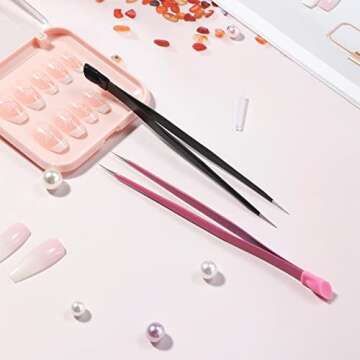 NUOMI 2 Pcs/Set Straight Nail Tweezers Probe Tips Metal Tweezers with Silicone Pressing Head for Nai...