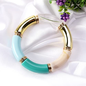 GOOJIDS Bamboo Tube Bangles Bracelet Chunky Curved Stacking Clear Acrylic Colorful Beads Stretchable Friendship Gold Bracelets Gift For Women (H-Gold)