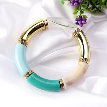 GOOJIDS Bamboo Tube Bangles Bracelet Chunky Curved Stacking Clear Acrylic Colorful Beads Stretchable Friendship Gold Bracelets Gift For Women (H-Gold)