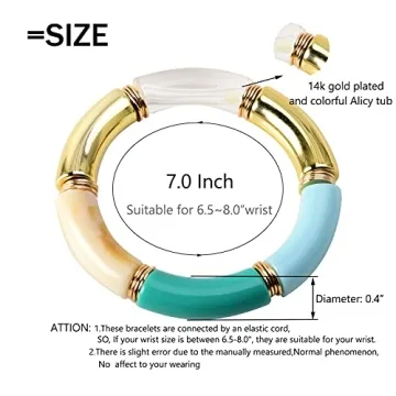 GOOJIDS Bamboo Tube Bangles Bracelet Chunky Curved Stacking Clear Acrylic Colorful Beads Stretchable Friendship Gold Bracelets Gift For Women (H-Gold)