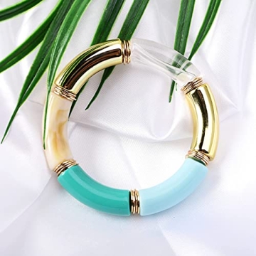 GOOJIDS Bamboo Tube Bangles Bracelet Chunky Curved Stacking Clear Acrylic Colorful Beads Stretchable Friendship Gold Bracelets Gift For Women (H-Gold)