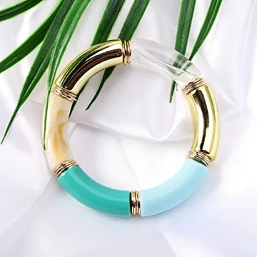 GOOJIDS Bamboo Tube Bangles Bracelet Chunky Curved Stacking Clear Acrylic Colorful Beads Stretchable Friendship Gold Bracelets Gift For Women (H-Gold)