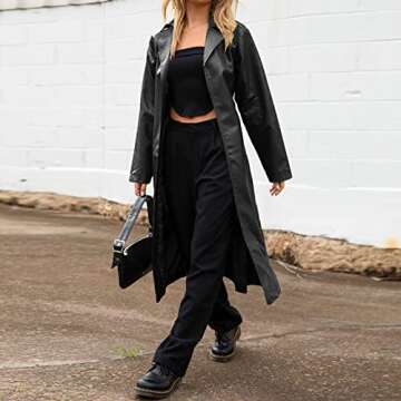 chouyatou Women's Casual Lapel Open Front Pu Faux Leather Long Trench Coat with Belt (X-Small, Black)