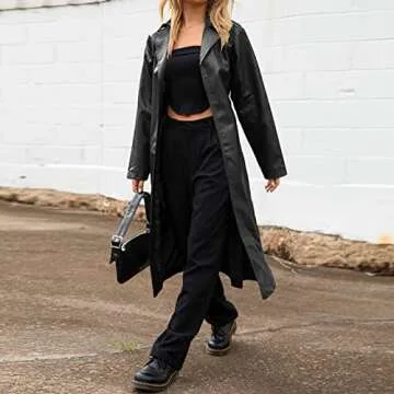 chouyatou Women's Casual Lapel Open Front Pu Faux Leather Long Trench Coat with Belt (X-Small, Black)