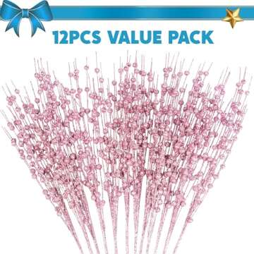 Joiedomi 12Pcs Glitter Berry Stem Ornaments, Christmas Decorative Bead Sticks, 17” Pink Artificial...