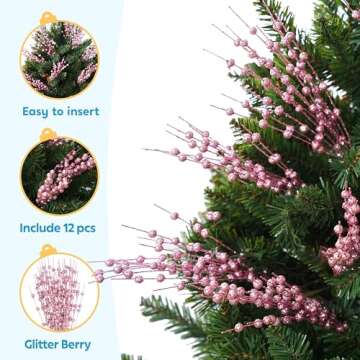 Joiedomi 12Pcs Glitter Berry Stem Ornaments, Christmas Decorative Bead Sticks, 17” Pink Artificial Glitter Twigs for Christmas Tree Decor, Wreath DIY Crafts, Holiday Party Supplies Wedding Decor(Pink)