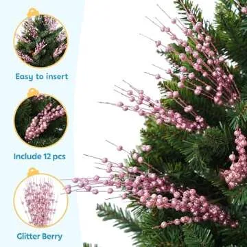 Joiedomi 12Pcs Glitter Berry Stem Ornaments, Christmas Decorative Bead Sticks, 17” Pink Artificial Glitter Twigs for Christmas Tree Decor, Wreath DIY Crafts, Holiday Party Supplies Wedding Decor(Pink)