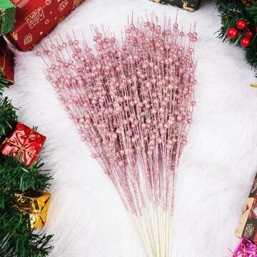 Joiedomi 12Pcs Glitter Berry Stem Ornaments, Christmas Decorative Bead Sticks, 17” Pink Artificial Glitter Twigs for Christmas Tree Decor, Wreath DIY Crafts, Holiday Party Supplies Wedding Decor(Pink)
