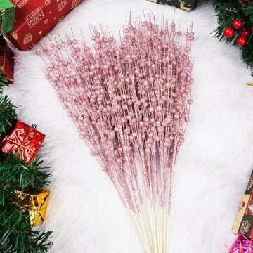 Joiedomi 12Pcs Glitter Berry Stem Ornaments, Christmas Decorative Bead Sticks, 17” Pink Artificial Glitter Twigs for Christmas Tree Decor, Wreath DIY Crafts, Holiday Party Supplies Wedding Decor(Pink)