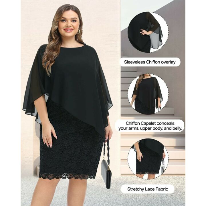 Plus Size Cape Dress with Chiffon Overlay