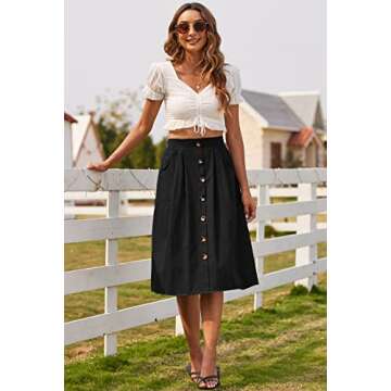 Naggoo Pleated Midi Skirts for Women Button Down High Waist A-Line Skirt M Black