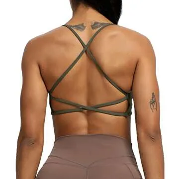 Aoxjox Women's Workout Sports Bras Fitness Backless Padded Ivy Low Impact Bra Yoga Crop Tank Top (Olive Green, Medium)