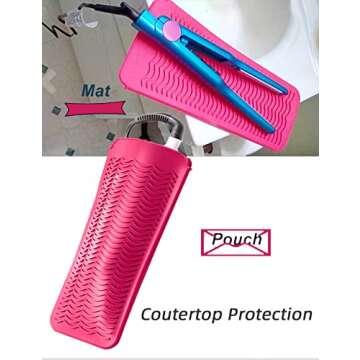 Heat Resistant Silicone Mat Pouch,Hair Styling Tools for Curling Irons, Flat Irons, Hair Straightener， 11.5 * 6 Inches, Food Grade Silicone, Pink