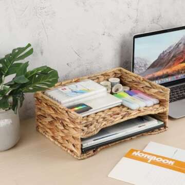 BTSKY 2 Tier Water Hyacinth Letter File Storage Basket - Stylish Desk Organizer and Document Holder